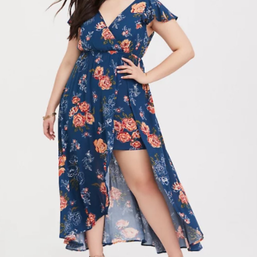 Torrid Teal Floral Walk Through Romper Dress
